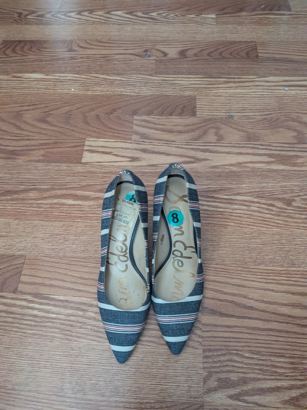 Sam Edelman  Striped Pointed Toe Pumps in Navy and White - Picture 3 of 5